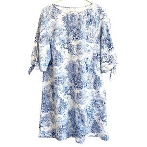 H&M Linen Blend Tie Detail Dress, Blue & White Jungle Pattern, Size 8
